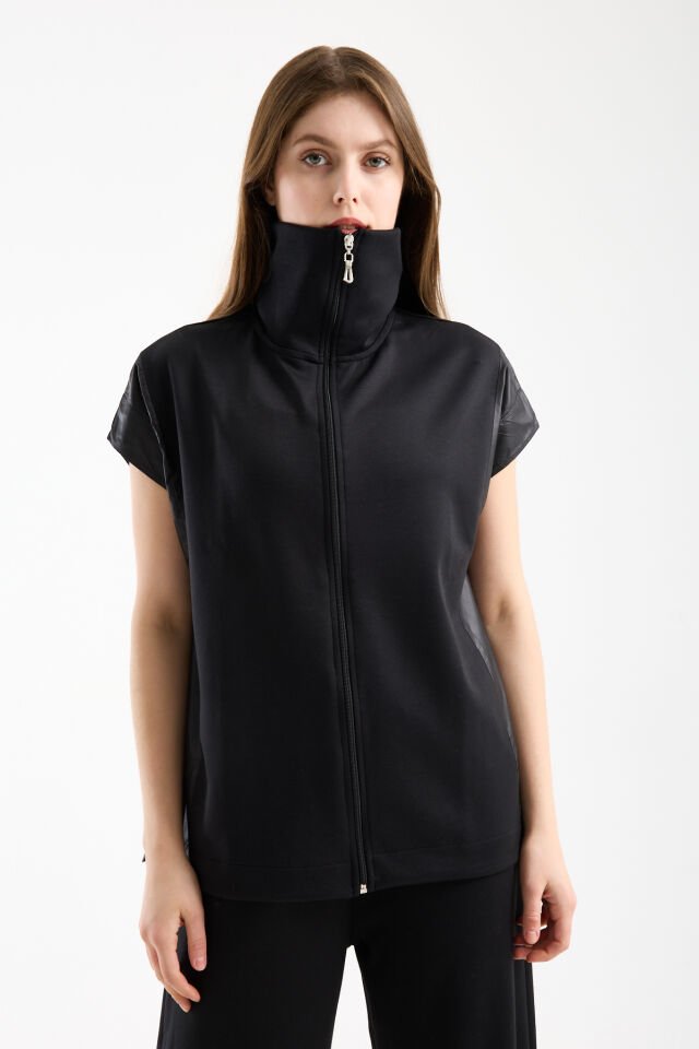 Kadın Modal Oversize Dik Yaka Tam Fermuarlı Kolsuz Salaş Jesica  Garnili Eşofman Takımı M - SİYAH