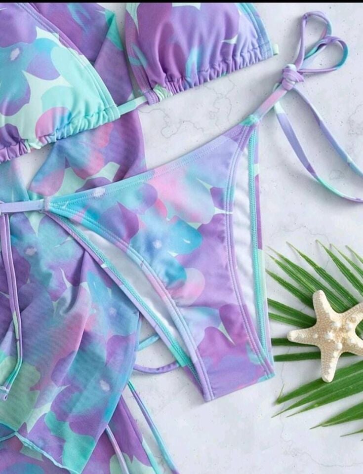 Kadın Pareo Etek Üst ve Alt 4'lü Bikini Takım S - LİLA-SUYEŞİLİ