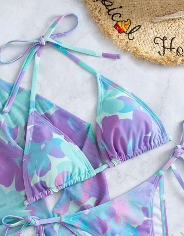 Kadın Pareo Etek Üst ve Alt 4'lü Bikini Takım S - LİLA-SUYEŞİLİ