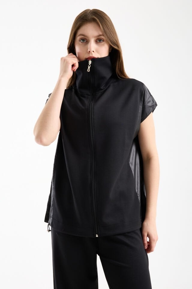 Kadın Modal Oversize Dik Yaka Tam Fermuarlı Kolsuz Salaş Jesica  Garnili Eşofman Takımı XL - SİYAH