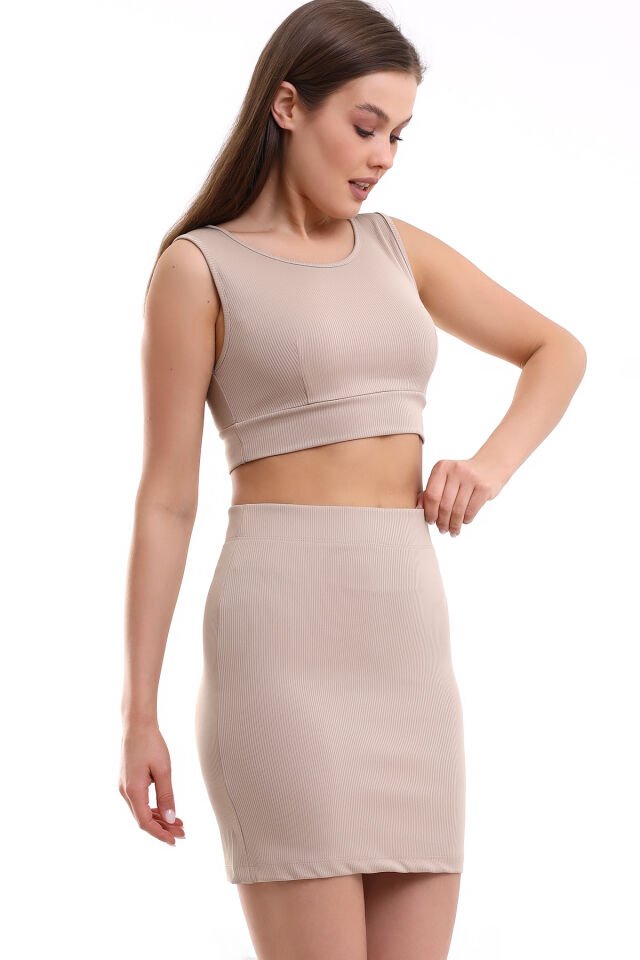 Kadın Crop Bluz Takım L - BEJ