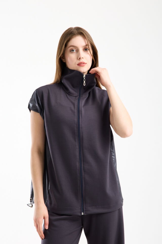 Kadın Modal Oversize Dik Yaka Tam Fermuarlı Kolsuz Salaş Jesica  Garnili Eşofman Takımı S - KOYU GRİ