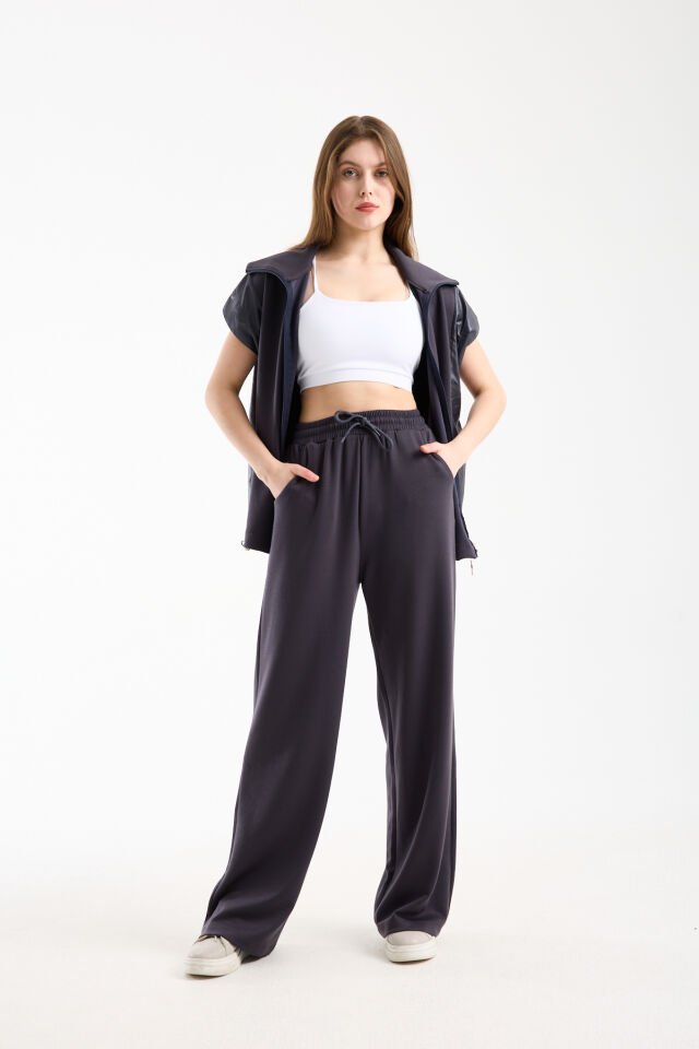 Kadın Modal Oversize Dik Yaka Tam Fermuarlı Kolsuz Salaş Jesica  Garnili Eşofman Takımı S - KOYU GRİ