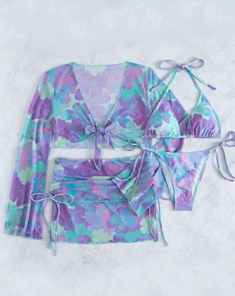 Kadın Pareo Etek Üst ve Alt 4'lü Bikini Takım L - LİLA-SUYEŞİLİ