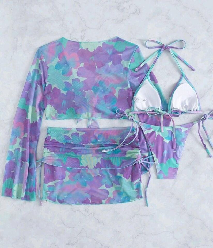 Kadın Pareo Etek Üst ve Alt 4'lü Bikini Takım L - LİLA-SUYEŞİLİ