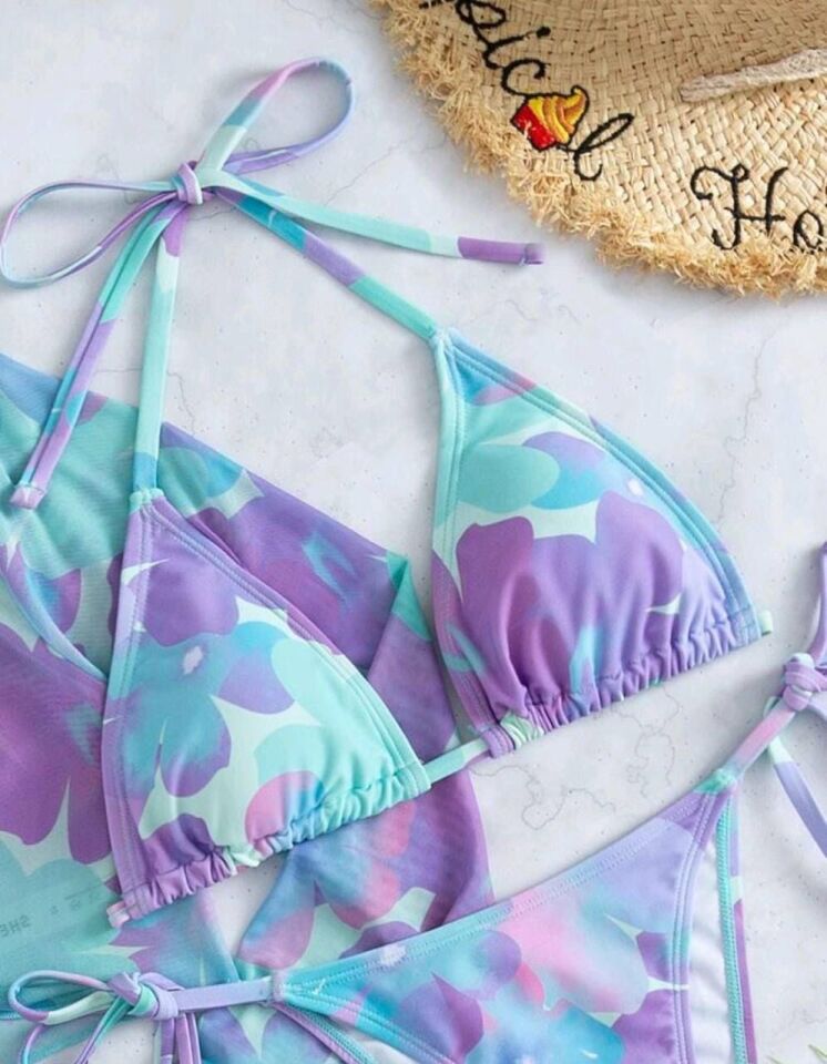 Kadın Pareo Etek Üst ve Alt 4'lü Bikini Takım L - LİLA-SUYEŞİLİ