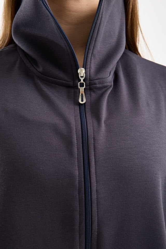 Kadın Modal Oversize Dik Yaka Tam Fermuarlı Kolsuz Salaş Jesica  Garnili Eşofman Takımı XL - KOYU GRİ