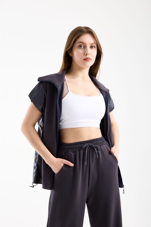 Kadın Modal Oversize Dik Yaka Tam Fermuarlı Kolsuz Salaş Jesica  Garnili Eşofman Takımı XL - KOYU GRİ