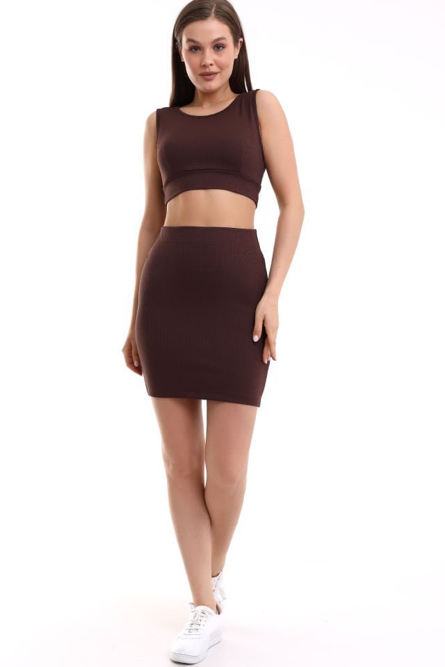 Kadın Crop Bluz Takım L - KAHVERENGİ