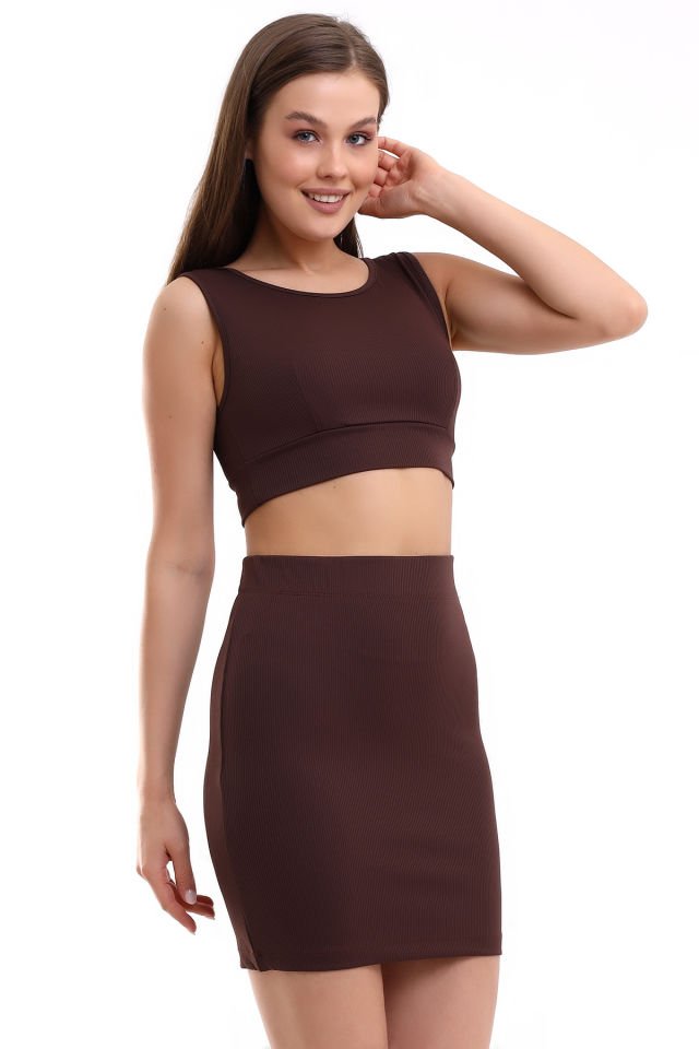 Kadın Crop Bluz Takım L - KAHVERENGİ