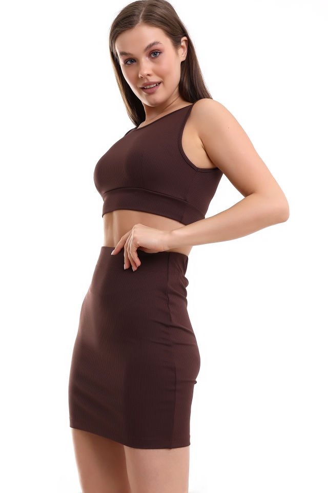 Kadın Crop Bluz Takım L - KAHVERENGİ