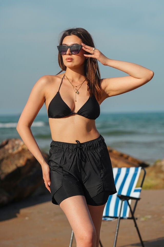 Kadın Deniz Şortu Içden Taytlı SURVİ WM XS - SİYAH