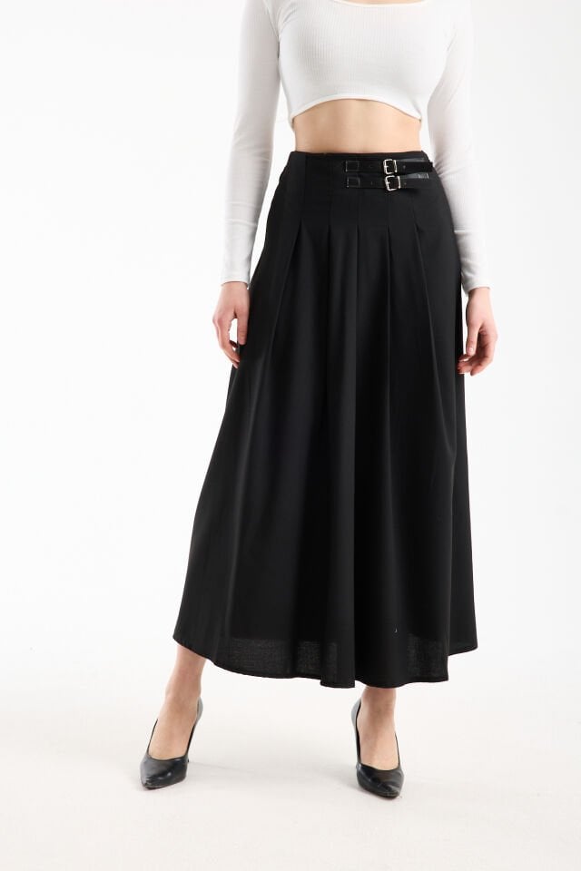 Kadın Uzun Maxi Etek 94 Cm Yan Kemer Detaylı Pileli Tesettür Siyah Kahve S/XL WM S - SİYAH