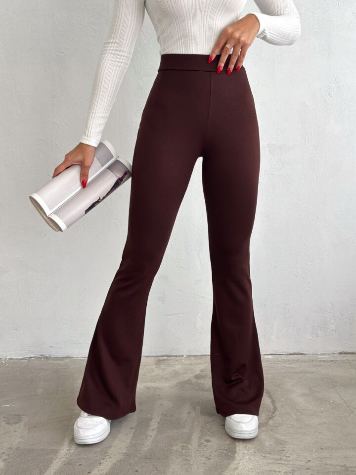 Kadın Likralı Günlük ve Spor İpanyol Paça Pantolon M - KAHVERENGİ