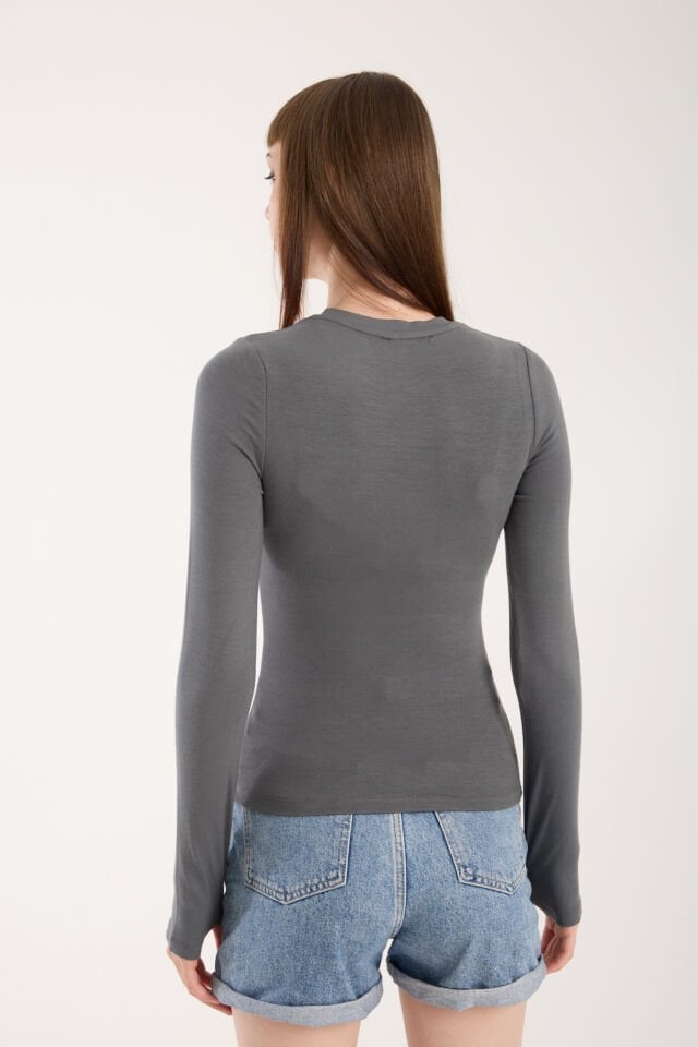 PARMAK GEÇMELİ UZUN KOLLU BODY - UZUN KOL BODY BİSİKLET YAKA LİKRALI XL - GRİ