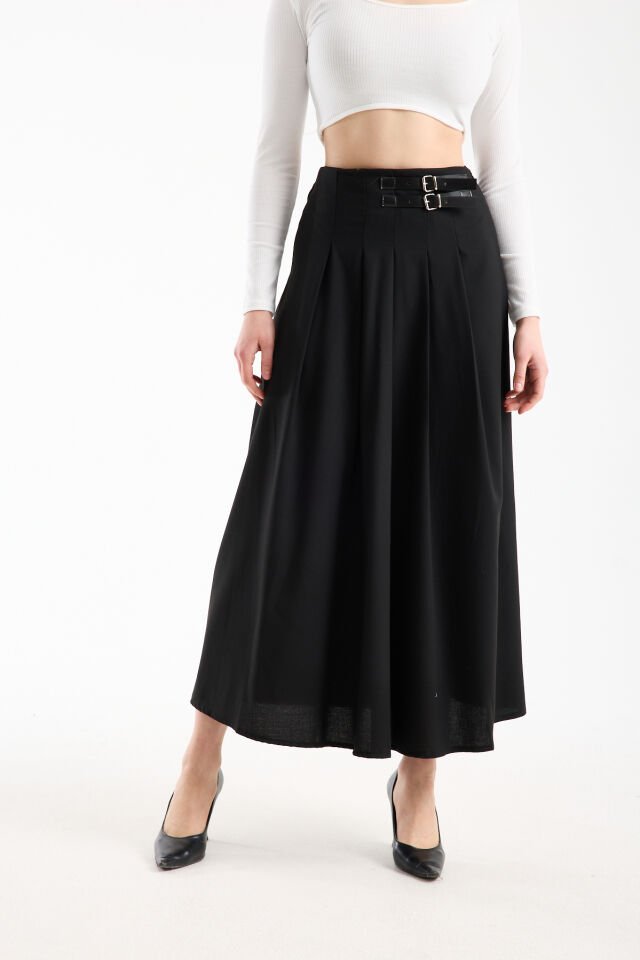 Kadın Uzun Maxi Etek 94 Cm Yan Kemer Detaylı Pileli Tesettür Siyah Kahve S/XL XL - SİYAH