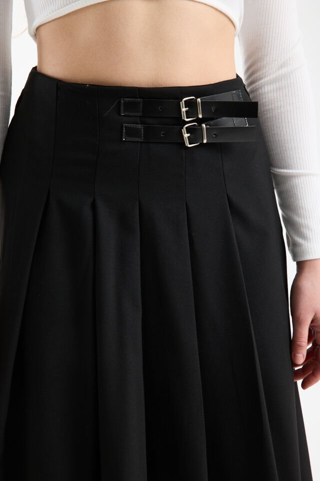 Kadın Uzun Maxi Etek 94 Cm Yan Kemer Detaylı Pileli Tesettür Siyah Kahve S/XL XL - SİYAH