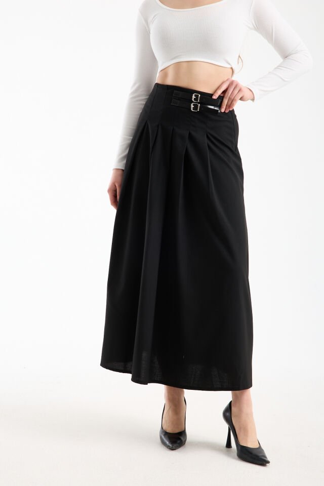 Kadın Uzun Maxi Etek 94 Cm Yan Kemer Detaylı Pileli Tesettür Siyah Kahve S/XL XL - SİYAH