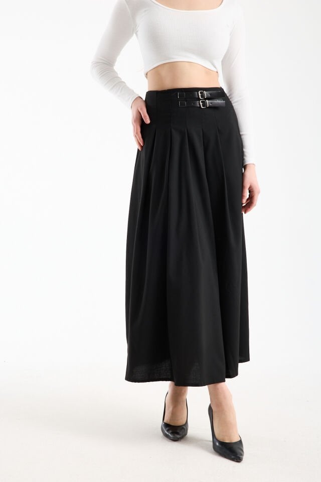 Kadın Uzun Maxi Etek 94 Cm Yan Kemer Detaylı Pileli Tesettür Siyah Kahve S/XL XL - SİYAH