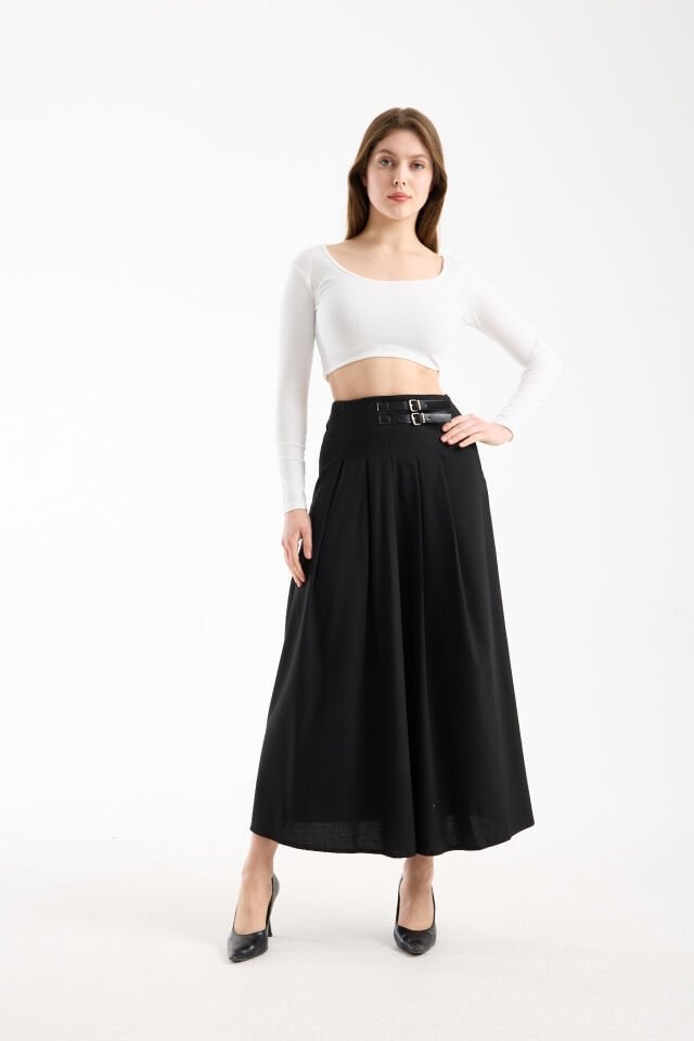 Kadın Uzun Maxi Etek 94 Cm Yan Kemer Detaylı Pileli Tesettür Siyah Kahve S/XL XL - SİYAH