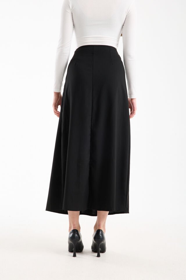 Kadın Uzun Maxi Etek 94 Cm Yan Kemer Detaylı Pileli Tesettür Siyah Kahve S/XL XL - SİYAH