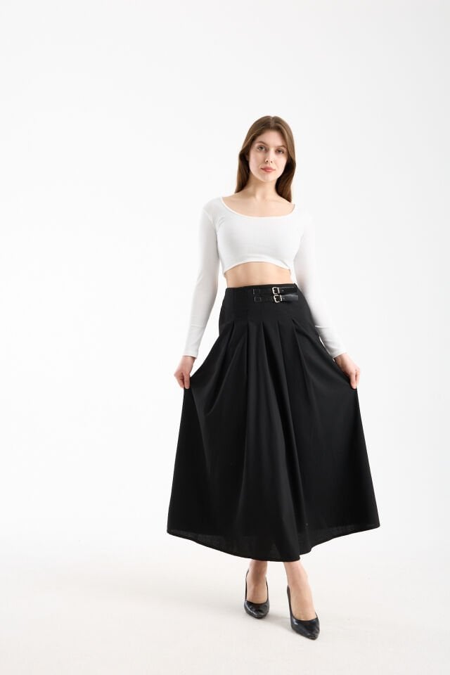 Kadın Uzun Maxi Etek 94 Cm Yan Kemer Detaylı Pileli Tesettür Siyah Kahve S/XL XL - SİYAH