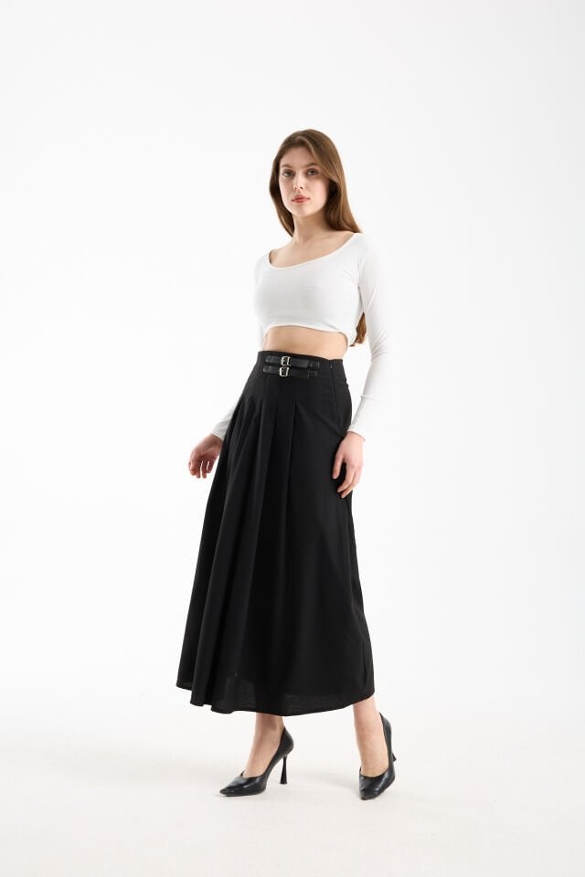 Kadın Uzun Maxi Etek 94 Cm Yan Kemer Detaylı Pileli Tesettür Siyah Kahve S/XL XL - SİYAH