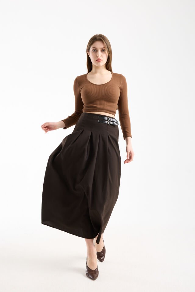 Kadın Uzun Maxi Etek 94 Cm Yan Kemer Detaylı Pileli Tesettür Siyah Kahve S/XL WM S - KAHVE