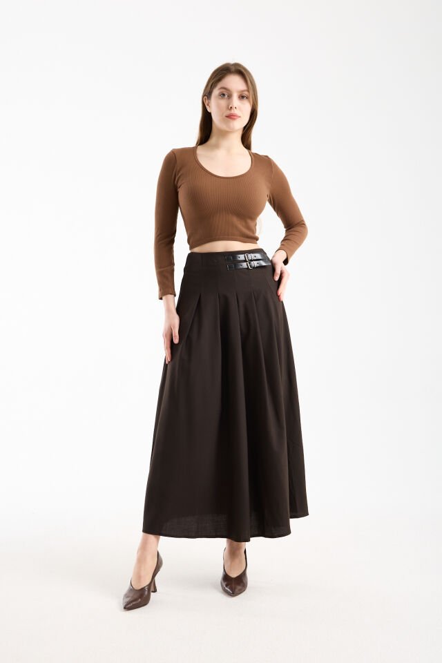 Kadın Uzun Maxi Etek 94 Cm Yan Kemer Detaylı Pileli Tesettür Siyah Kahve S/XL WM S - KAHVE