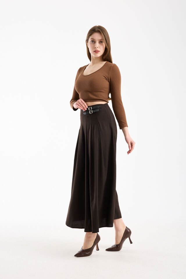 Kadın Uzun Maxi Etek 94 Cm Yan Kemer Detaylı Pileli Tesettür Siyah Kahve S/XL WM S - KAHVE
