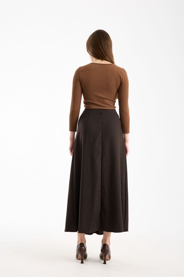 Kadın Uzun Maxi Etek 94 Cm Yan Kemer Detaylı Pileli Tesettür Siyah Kahve S/XL WM S - KAHVE