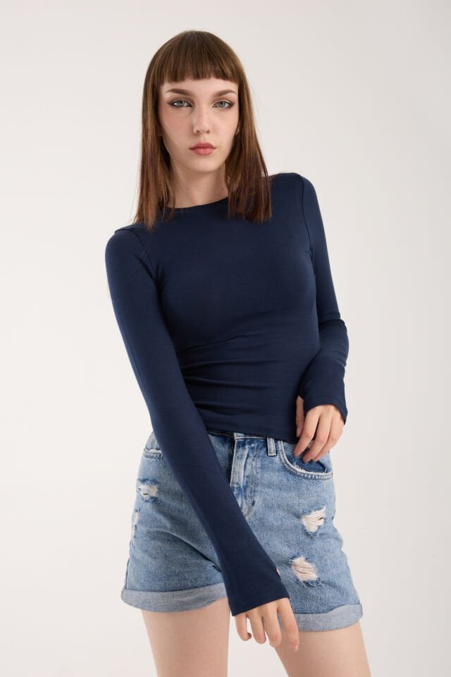 PARMAK GEÇMELİ UZUN KOLLU BODY - UZUN KOL BODY BİSİKLET YAKA LİKRALI XL - SİYAH