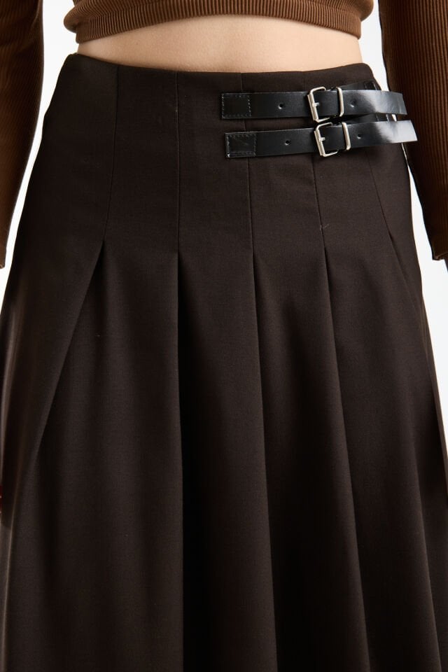 Kadın Uzun Maxi Etek 94 Cm Yan Kemer Detaylı Pileli Tesettür Siyah Kahve S/XL XL - KAHVE