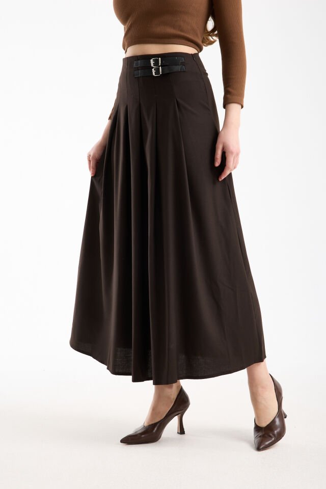 Kadın Uzun Maxi Etek 94 Cm Yan Kemer Detaylı Pileli Tesettür Siyah Kahve S/XL XL - KAHVE