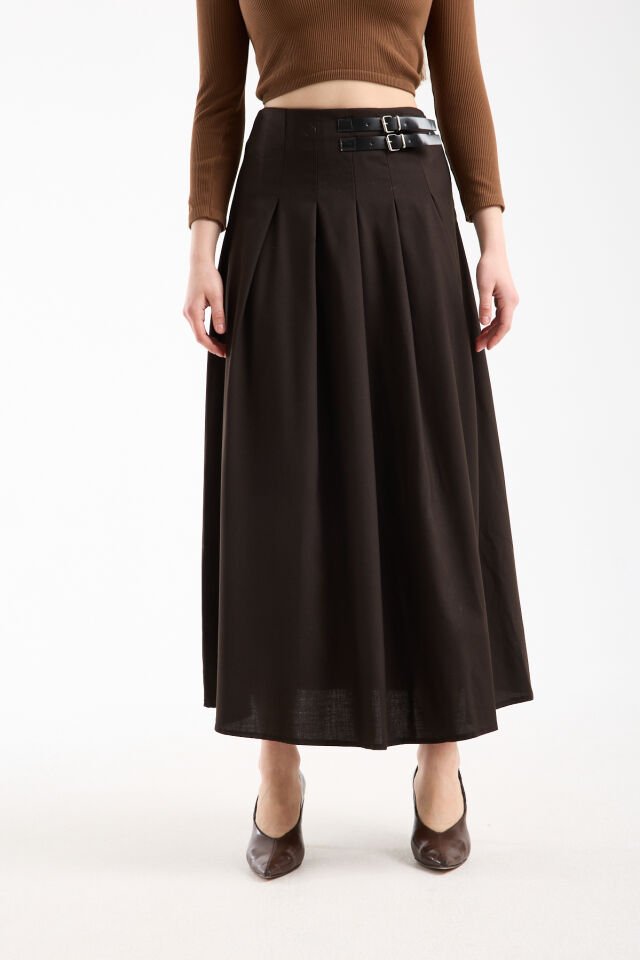 Kadın Uzun Maxi Etek 94 Cm Yan Kemer Detaylı Pileli Tesettür Siyah Kahve S/XL XL - KAHVE