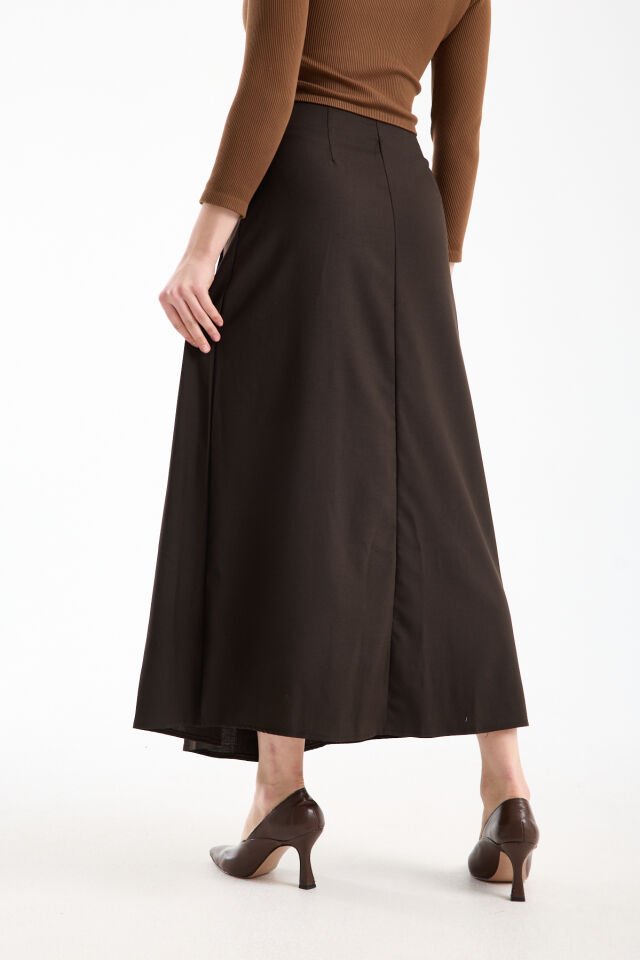 Kadın Uzun Maxi Etek 94 Cm Yan Kemer Detaylı Pileli Tesettür Siyah Kahve S/XL XL - KAHVE