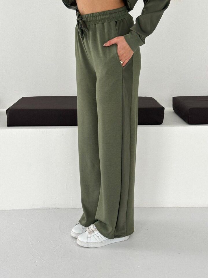 Premium Kadın Modal Baggy Eşofman Takımı Kapüşonlu Cepli Saten Detaylı Günlük 2634 S - HAKİ