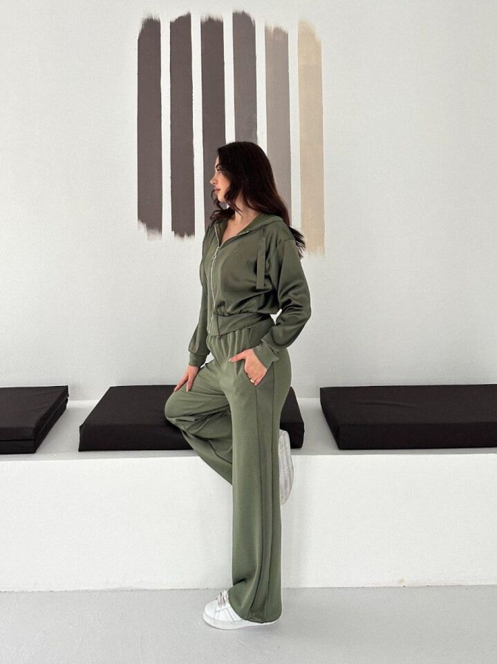 Premium Kadın Modal Baggy Eşofman Takımı Kapüşonlu Cepli Saten Detaylı Günlük 2634 S - HAKİ