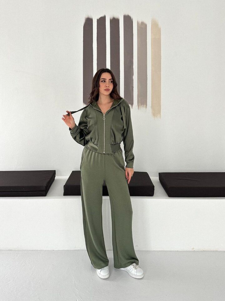 Premium Kadın Modal Baggy Eşofman Takımı Kapüşonlu Cepli Saten Detaylı Günlük 2634 S - HAKİ