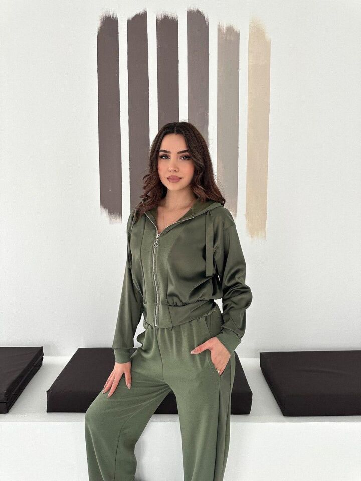 Premium Kadın Modal Baggy Eşofman Takımı Kapüşonlu Cepli Saten Detaylı Günlük 2634 S - HAKİ