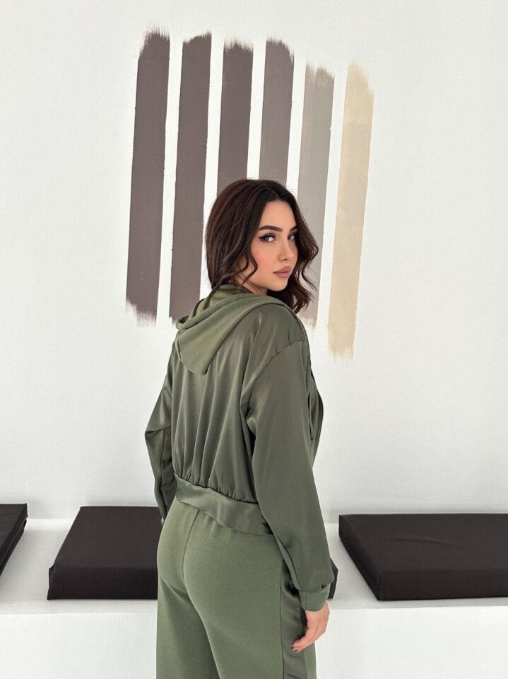 Premium Kadın Modal Baggy Eşofman Takımı Kapüşonlu Cepli Saten Detaylı Günlük 2634 S - HAKİ