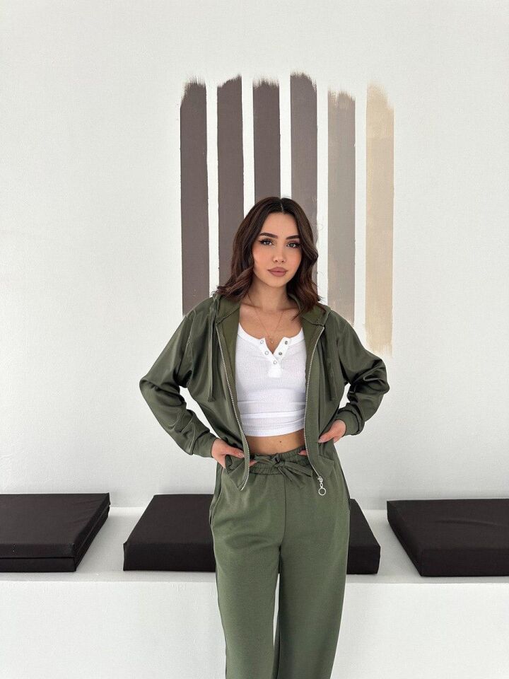 Premium Kadın Modal Baggy Eşofman Takımı Kapüşonlu Cepli Saten Detaylı Günlük 2634 S - HAKİ