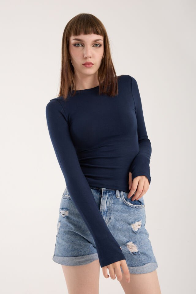 PARMAK GEÇMELİ UZUN KOLLU BODY - UZUN KOL BODY BİSİKLET YAKA LİKRALI XL - LACİVERT