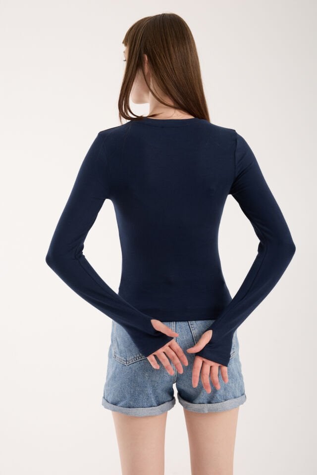 PARMAK GEÇMELİ UZUN KOLLU BODY - UZUN KOL BODY BİSİKLET YAKA LİKRALI XL - LACİVERT