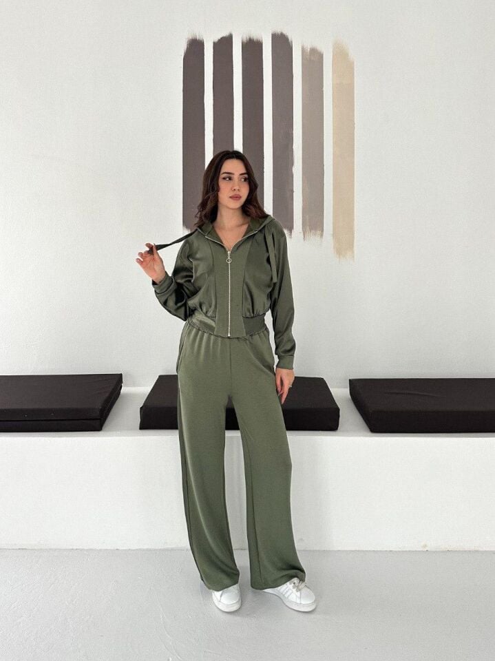 Premium Kadın Modal Baggy Eşofman Takımı Kapüşonlu Cepli Saten Detaylı Günlük XL - HAKİ