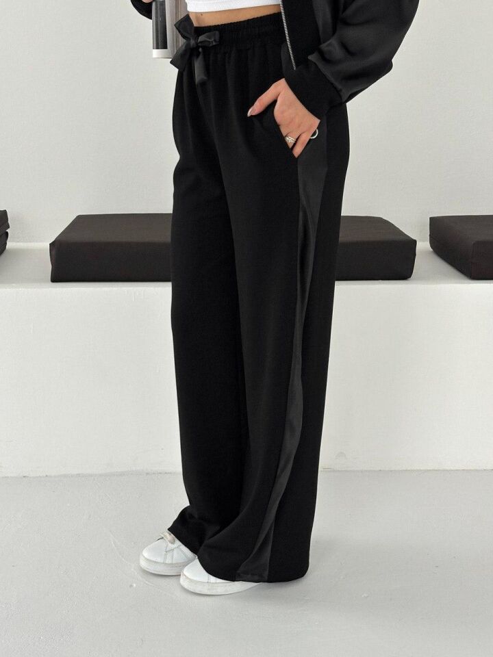 Premium Kadın Modal Baggy Eşofman Takımı Kapüşonlu Cepli Saten Detaylı Günlük 2634 S - SİYAH