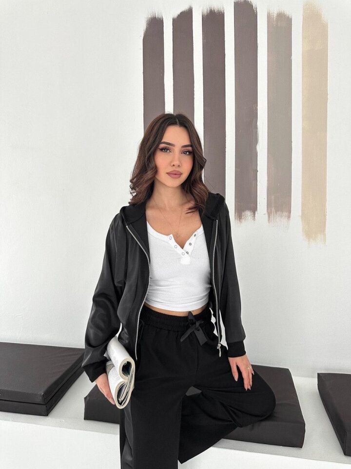 Premium Kadın Modal Baggy Eşofman Takımı Kapüşonlu Cepli Saten Detaylı Günlük 2634 S - SİYAH