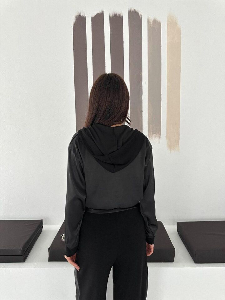 Premium Kadın Modal Baggy Eşofman Takımı Kapüşonlu Cepli Saten Detaylı Günlük 2634 S - SİYAH