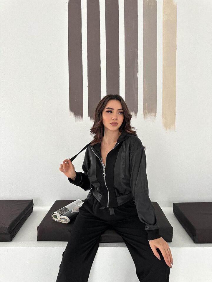 Premium Kadın Modal Baggy Eşofman Takımı Kapüşonlu Cepli Saten Detaylı Günlük 2634 S - SİYAH