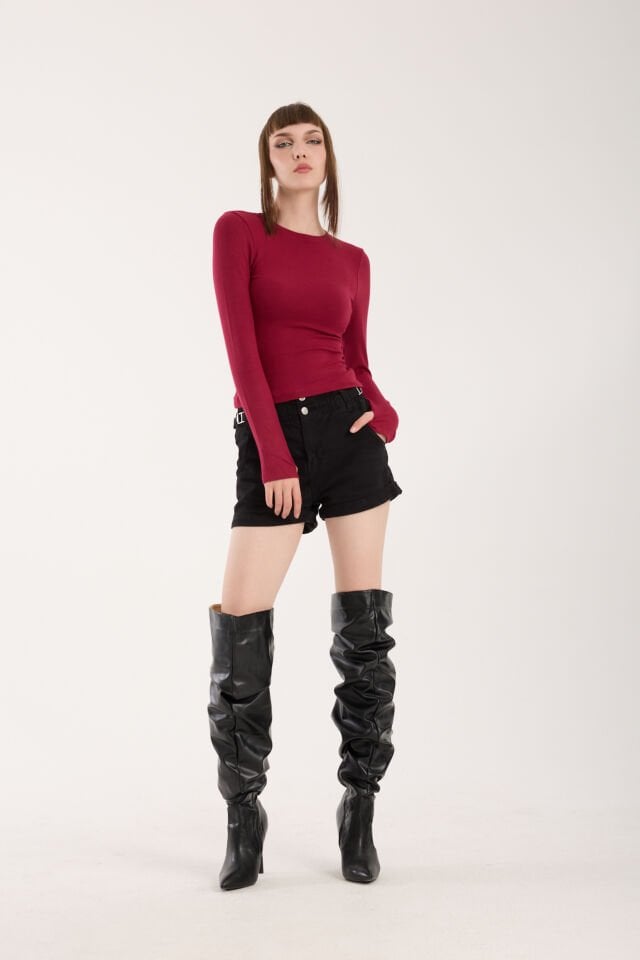 PARMAK GEÇMELİ UZUN KOLLU BODY - UZUN KOL BODY BİSİKLET YAKA LİKRALI XL - BORDO